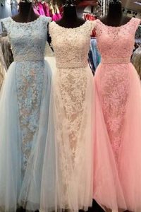 Exquisite Scoop With Train Light Blue Evening Dress Tulle Sweep Train Sleeveless Beading and Lace