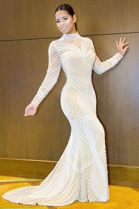 Best Selling Mermaid White Tulle Backless Evening Dress Long Sleeves Sweep Train Beading