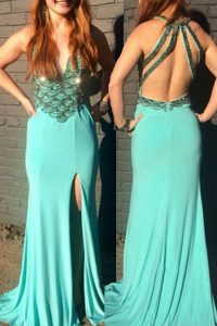 Turquoise Sleeveless With Train Beading Backless