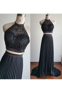 Excellent Halter Top With Train Zipper Evening Dress Black for Prom and Party with Beading Court Train