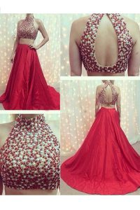 Chic With Train Two Pieces Sleeveless Red Prom Gown Court Train Backless