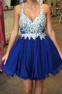 Royal Blue Chiffon Backless Prom Gown Sleeveless Knee Length Beading