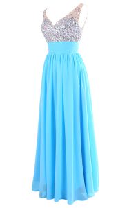 Aqua Blue Column/Sheath Beading Prom Dress Zipper Chiffon Sleeveless Floor Length