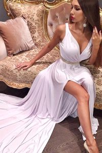White Sleeveless Satin and Elastic Woven Satin Court Train Zipper Prom Dresses for Prom and Party