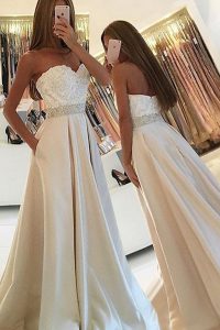 High End White A-line Sweetheart Sleeveless Satin Floor Length Zipper Beading and Lace Prom Dress