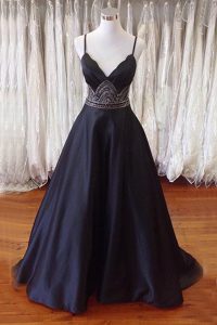 Satin Sleeveless With Train Prom Party Dress Sweep Train and Beading