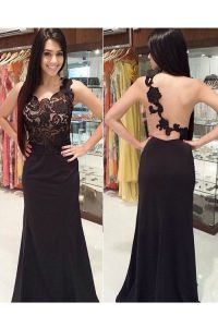 Brush Train Column/Sheath Dress for Prom Black Scoop Lace Sleeveless With Train Backless