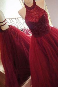 Halter Top Burgundy Backless Prom Party Dress Beading Sleeveless With Train Sweep Train