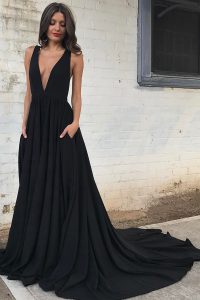 Black Sleeveless Chiffon Court Train Backless Dress for Prom for Prom