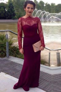 Most Popular Fuchsia Scalloped Neckline Lace Dress for Prom Long Sleeves Clasp Handle