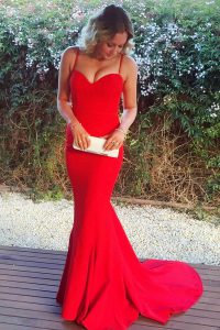 Luxury Mermaid Ruching Dress for Prom Red Zipper Sleeveless With Train Sweep Train