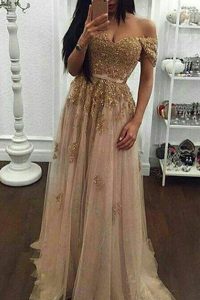Stunning Off The Shoulder Short Sleeves Sweep Train Zipper Prom Dress Champagne Tulle