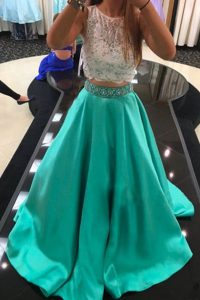 Colorful Scoop Sleeveless With Train Beading and Lace Zipper Prom Dress with Turquoise