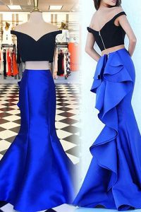 Delicate Mermaid Off the Shoulder Royal Blue Short Sleeves Sweep Train Ruffles With Train Dress for Prom
