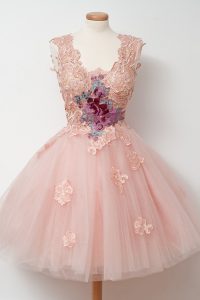 Pink Sleeveless Knee Length Appliques and Embroidery Zipper Dress for Prom
