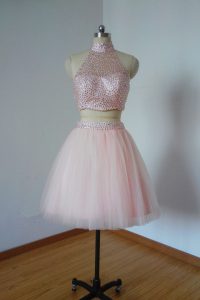 Tulle High-neck Sleeveless Zipper Beading Homecoming Dress in Pink