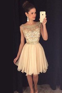 Mini Length Champagne Prom Evening Gown Tulle Cap Sleeves Beading