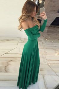 Custom Design Off the Shoulder Green Long Sleeves Floor Length Ruching Zipper Homecoming Dress