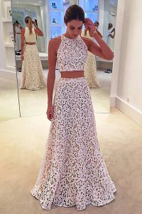 Wonderful White Dress for Prom Prom and For with Lace Scoop Sleeveless Zipper