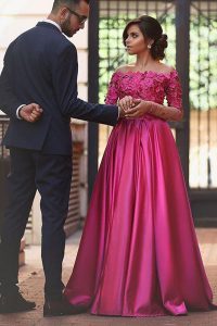 Hot Sale Off the Shoulder Fuchsia Dress for Prom Satin Sweep Train Long Sleeves Appliques