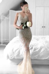 Mermaid Beading and Lace Prom Gown Champagne Zipper Sleeveless Sweep Train