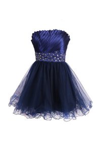 Captivating Satin and Tulle Strapless Sleeveless Zipper Beading and Sashes ribbons Prom Dress in Navy Blue