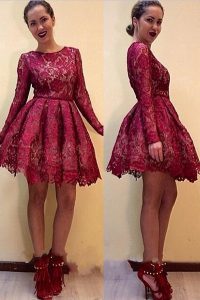 Dazzling Scoop Long Sleeves Prom Dresses Knee Length Lace Red Lace