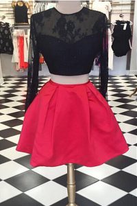 Fabulous Red And Black A-line Satin and Lace Scoop Long Sleeves Lace Knee Length Zipper Prom Dress