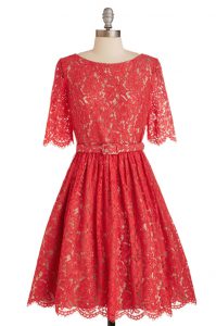 Dramatic Red A-line Lace Scoop Short Sleeves Belt Knee Length Zipper Prom Dresses