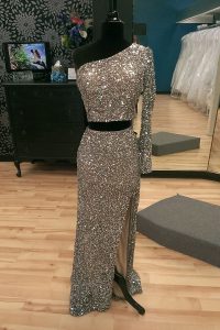 Silver Prom Dresses Prom and Party and For with Beading One Shoulder Long Sleeves Sweep Train Zipper