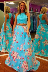 Halter Top Aqua Blue Sleeveless Satin Sweep Train Zipper Prom Gown for Prom and Party