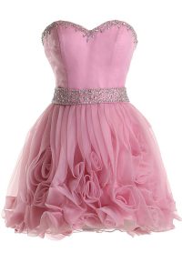 Pink Zipper Prom Dress Beading Sleeveless Knee Length