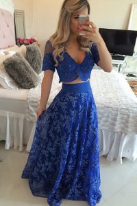 Clearance V-neck Short Sleeves Prom Gown Sweep Train Lace and Appliques Royal Blue Chiffon