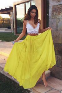 Yellow Chiffon Zipper Prom Evening Gown Sleeveless Floor Length Ruching