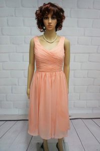 Eye-catching Sleeveless Chiffon Knee Length Lace Up in Peach with Ruching