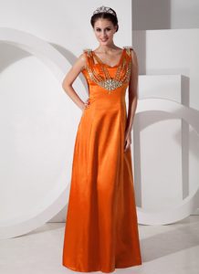 Inexpensive Orange Beaded Long Prom Dress for Ladies with Straps