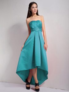 Inexpensive Strapless Teal High-low Prom Graduation Dress with Appliques