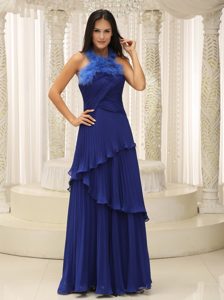 Modest Halter Royal Blue Pleated Long Prom Dress for Ladies with Feather