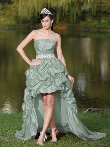 Exclusive Strapless High-low Green Prom Graduation Dresses with Pick-ups