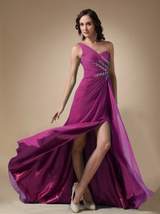 Popular Fuchsia One Shoulder Beaded Prom Pageant Dresses with High Slit