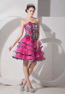 Low Price Zebra Hot Pink Strapless Prom Cocktail Dress with Ruffle-layers