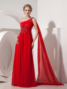 Wholesale One Shoulder Red Chiffon Prom Party Dress with Watteau Train