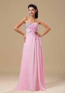 Hot Sale Sweetheart Pink Long Chiffon Prom Dress for Ladies with Flowers