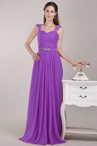 Inexpensive Purple Beaded Long Chiffon Prom Evening Dresses with Straps
