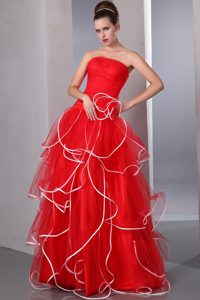 2013 Red Strapless Long Prom Dresses for Ladies with Ruffle-layers