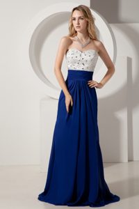 Modest Sweetheart White and Blue Beaded Prom Pageant Dress for Spring