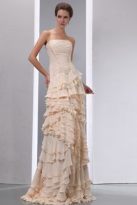 Brand New Strapless Champagne Long Prom Celebrity Dresses with Ruffles