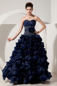 Modest Navy Blue Sweetheart Prom Evening Dress with Flower and Ruffles