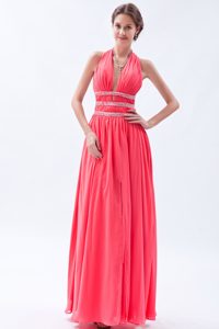 Pretty Backless Halter Watermelon Ruched Long Prom Dresses for Women