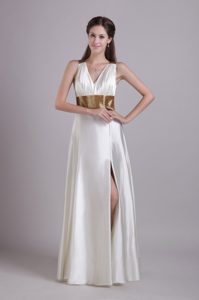 New Arrival White V-neck High Slit Prom Graduation Dress with Crisscross
